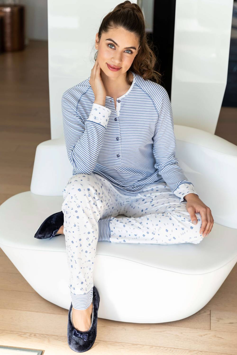 Pyjama coton bleu et blanc manches longues Barandi ALBERTA-11