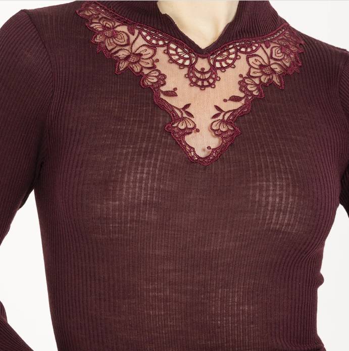 Chemise laine et soie Boglietti manches longues col nuque Amanda